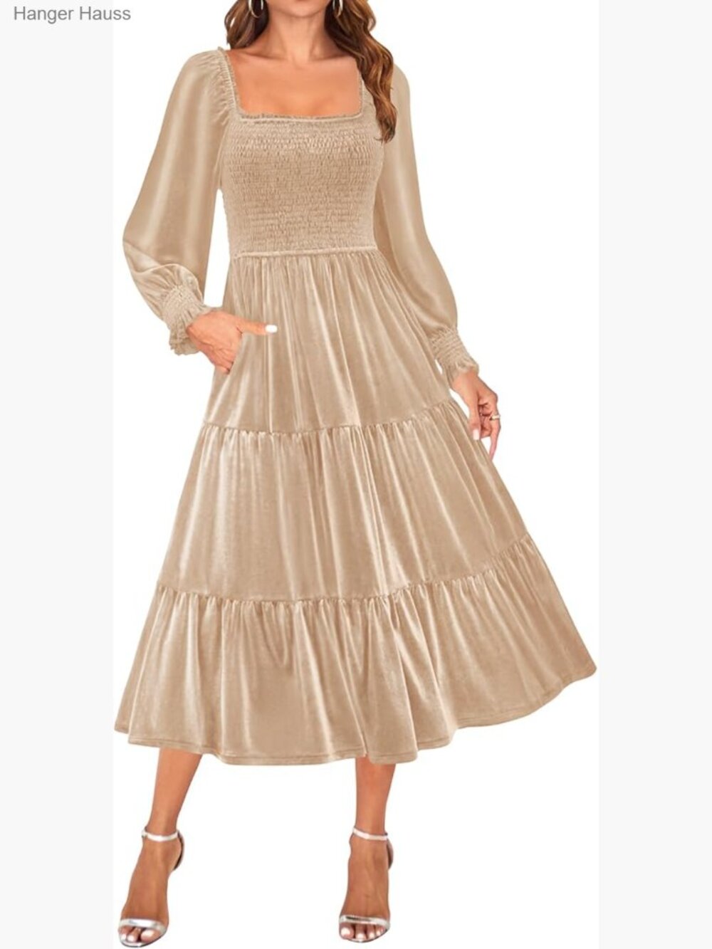 Winter Velvet Long Sleeve Square Neck Ruffle A-Line Midi Dress Cocktail Party
